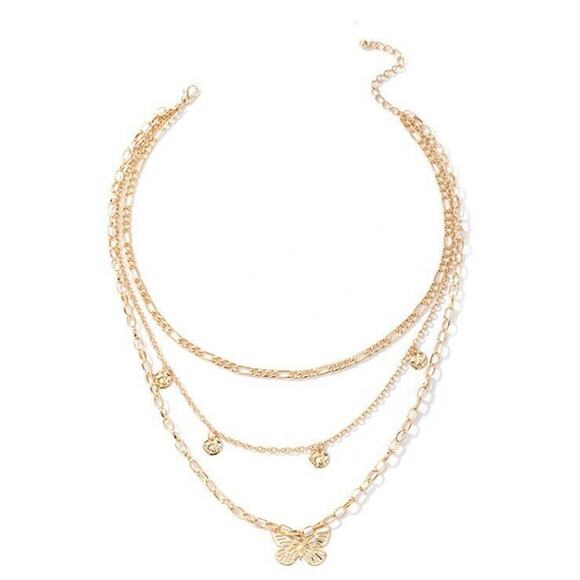 Multilayer Butterfly Charms Chunky 3-Layered Alloy Gold Chain Necklace For Women - Picture 1 of 4